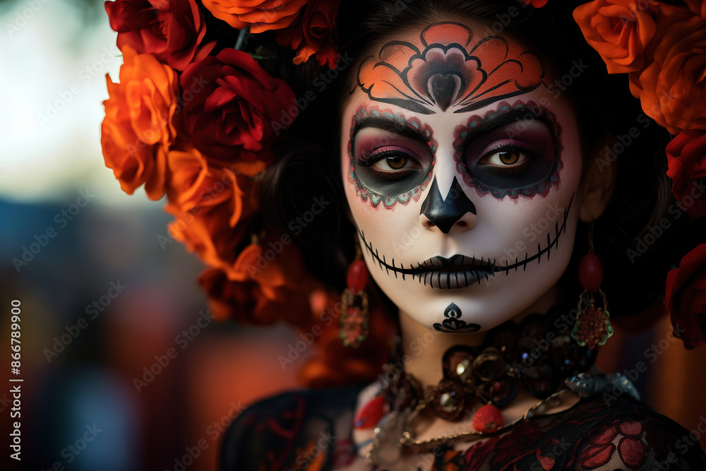 Portrait of a Woman with Catrina Makeup and Floral Headpiece for Dia de los Muertos Portrait of a Woman with Catrina Makeup and Floral Headpiece for Dia de los Muertos
