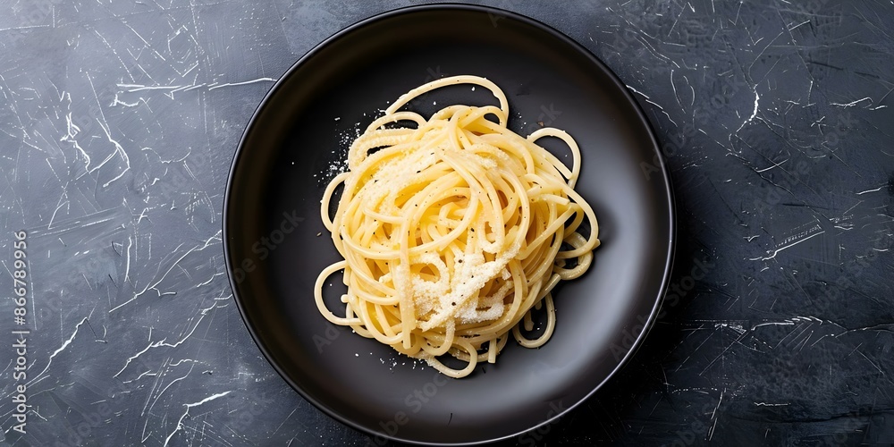 A black plate with Cacio e Pepe pasta dish. Concept Italian Cuisine, Food Photography, Pasta Presentation, Gourmet Dishes, Simple Elegance A black plate with Cacio e Pepe pasta dish. Concept Italian Cuisine, Food Photography, Pasta Presentation, Gourmet Dishes, Simple Elegance