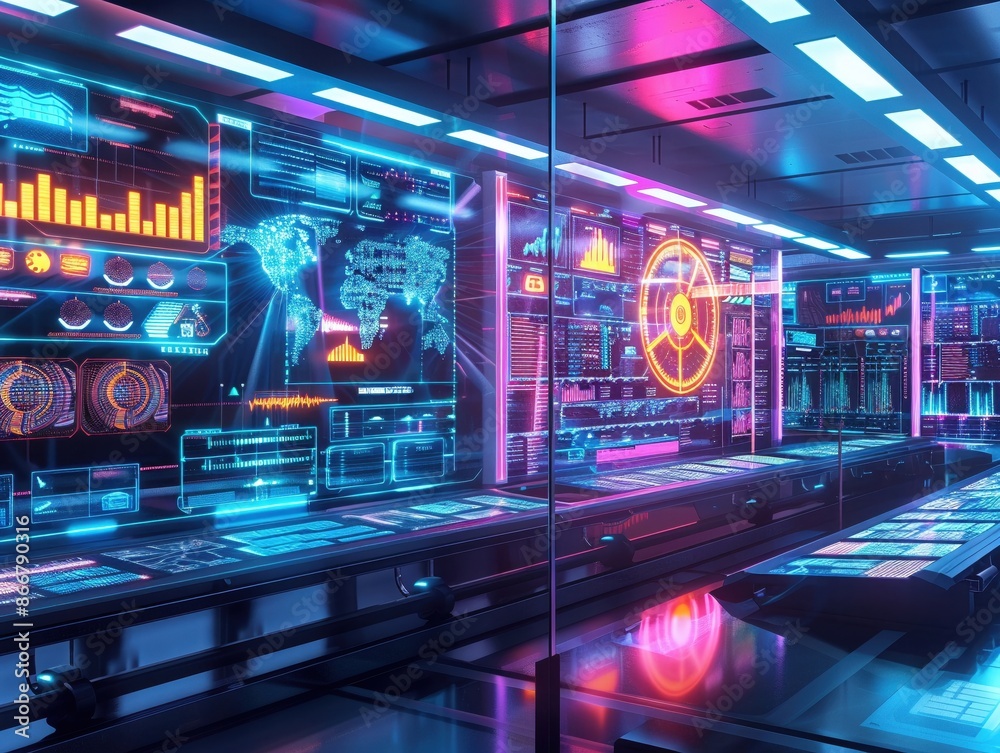 Holographic display of factory analytics in a control room, vibrant, neon, digital art Holographic display of factory analytics in a control room, vibrant, neon, digital art