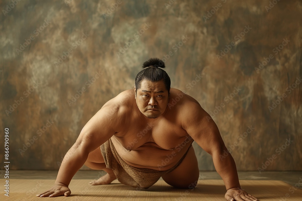 A sumo wrestler crouches intently in a traditional sumo stance on a mat, displaying readiness, focus, and the raw, anticipatory energy that precedes a fierce sumo bout, against a textured backdrop. A sumo wrestler crouches intently in a traditional sumo stance on a mat, displaying readiness, focus, and the raw, anticipatory energy that precedes a fierce sumo bout, against a textured backdrop.