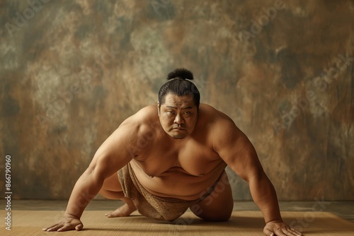 A sumo wrestler crouches intently in a traditional sumo stance on a mat, displaying readiness, focus, and the raw, anticipatory energy that precedes a fierce sumo bout, against a textured backdrop.