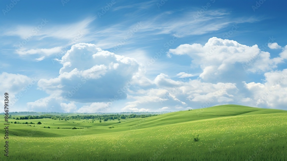 Scenic Landscape of Verdant Fields and Blue Skies with Puffy White Clouds in a Serene Countryside. Generative AI Scenic Landscape of Verdant Fields and Blue Skies with Puffy White Clouds in a Serene Countryside. Generative AI