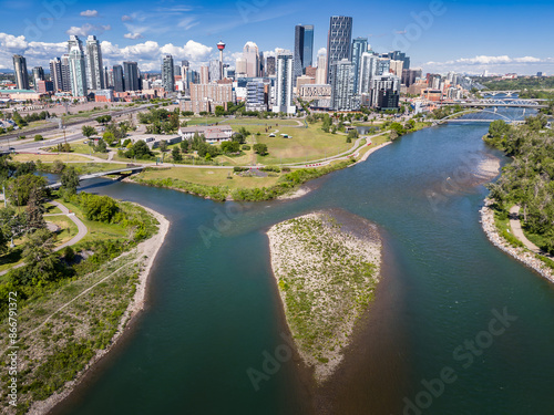 Принти на полотні Downtown skyline aerial overlooking East Village and the Bow River in Calgary Alberta Canada