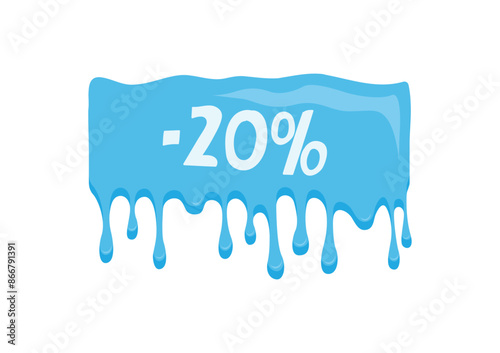 20 percent discount. Sticker with melting ice and sale coupon. Bright vector illustration for banner, advertising, announcement