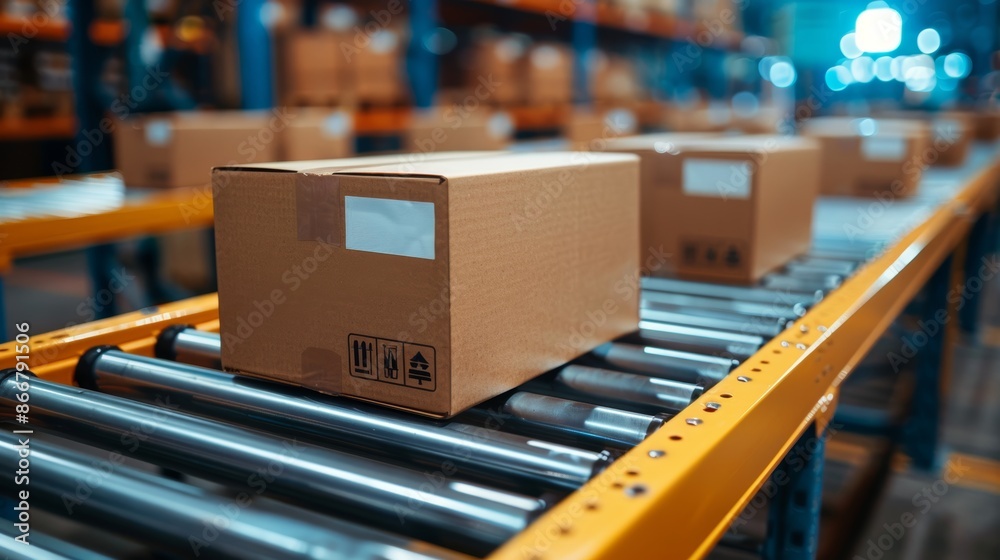 Close-up of a cardboard box on a conveyor belt in a warehouse, illustrating logistics and packaging operations Close-up of a cardboard box on a conveyor belt in a warehouse, illustrating logistics and packaging operations