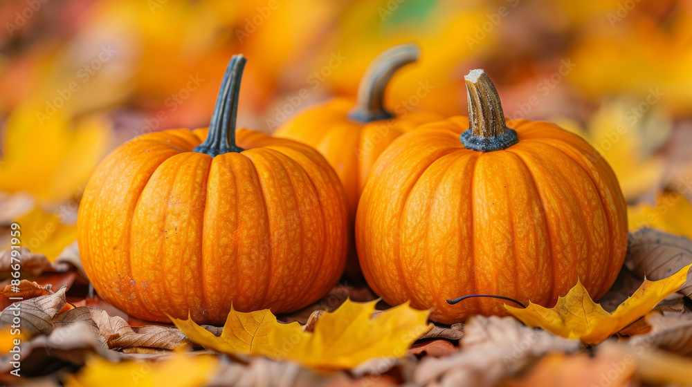 Close-up of pumpkins amidst colorful autumn leaves Close-up of pumpkins amidst colorful autumn leaves