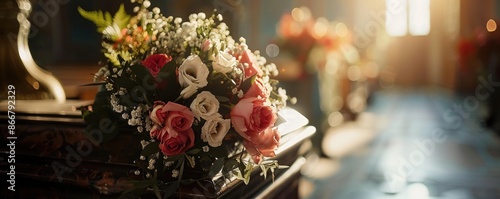 A funeral bouquet on the lid of a closed coffin at a funeral service. Funeral arrangements. Funeral services
