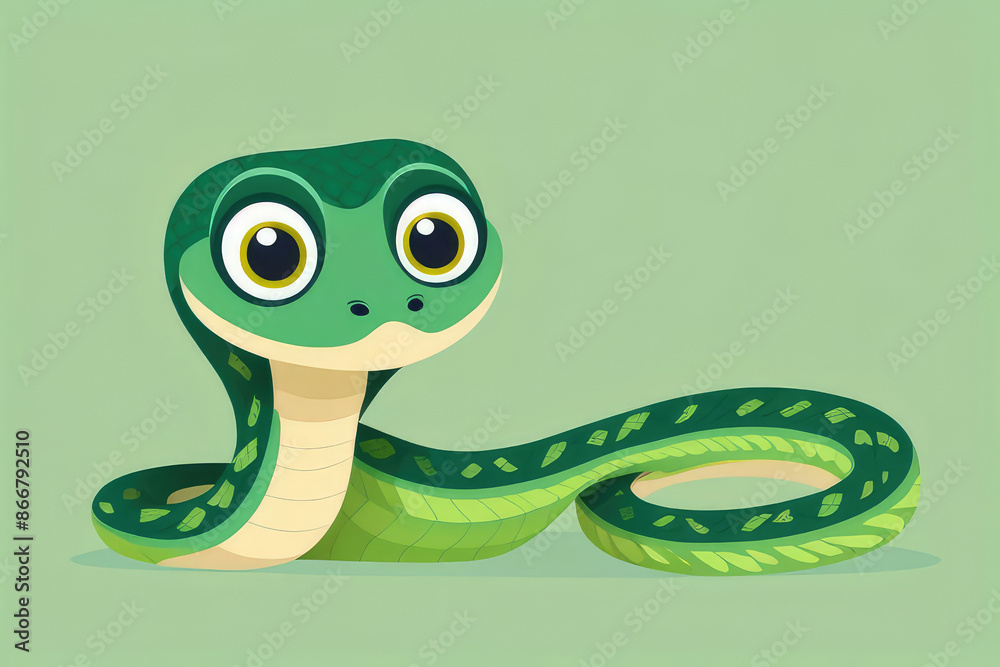 Fototapeta premium Cartoon character funny green snake on pastel green background.