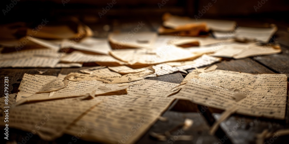 Fototapeta premium Ancient manuscripts on a table, lit by warm light. History, documents, archive, manuscripts