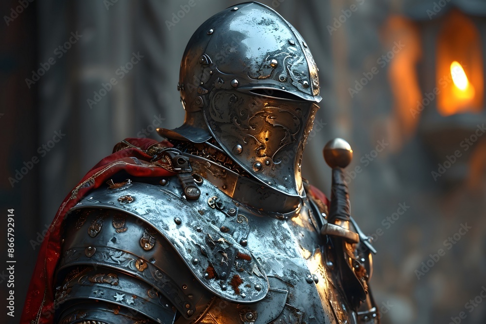 Epic Medieval Knight in Armor Amidst Battle Flames Epic Medieval Knight in Armor Amidst Battle Flames