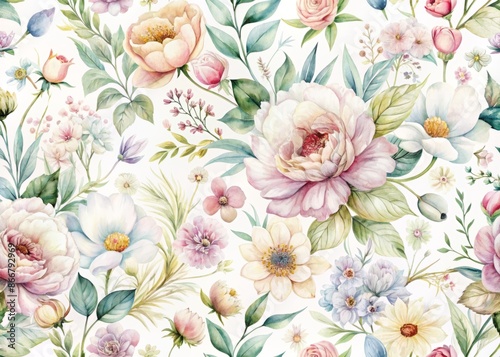 Delicate, dreamy watercolor flowers in soft pastel hues dance across a serene white background, creating a beautiful, elegant, and refined floral pattern.