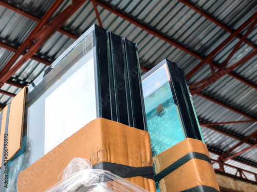 Fragment of large double-glazed windows prepared for transportation