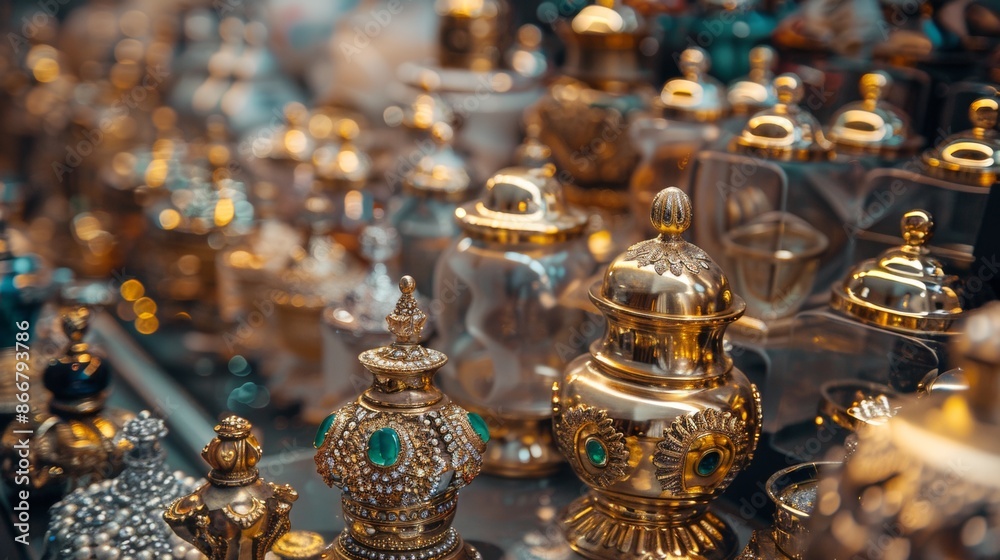 Ornate golden containers on display Ornate golden containers on display