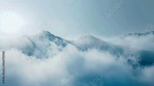 Background with fog effect. Cloudy sky. Mountains peeking through the fog and cloudy sky