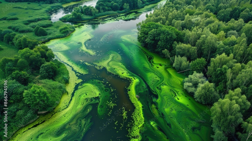 Green River. Aerial View of Blooming Algae in Wild Forest Landscape Green River. Aerial View of Blooming Algae in Wild Forest Landscape