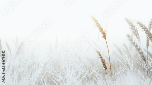 Closeup of wheat ears in a frosty morning, ideal for agriculture, nature, and winter themes.