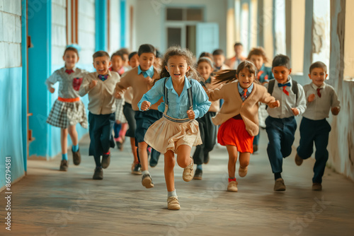 Wallpaper Mural happy schoolchildren running along the school corridor, back to school Torontodigital.ca