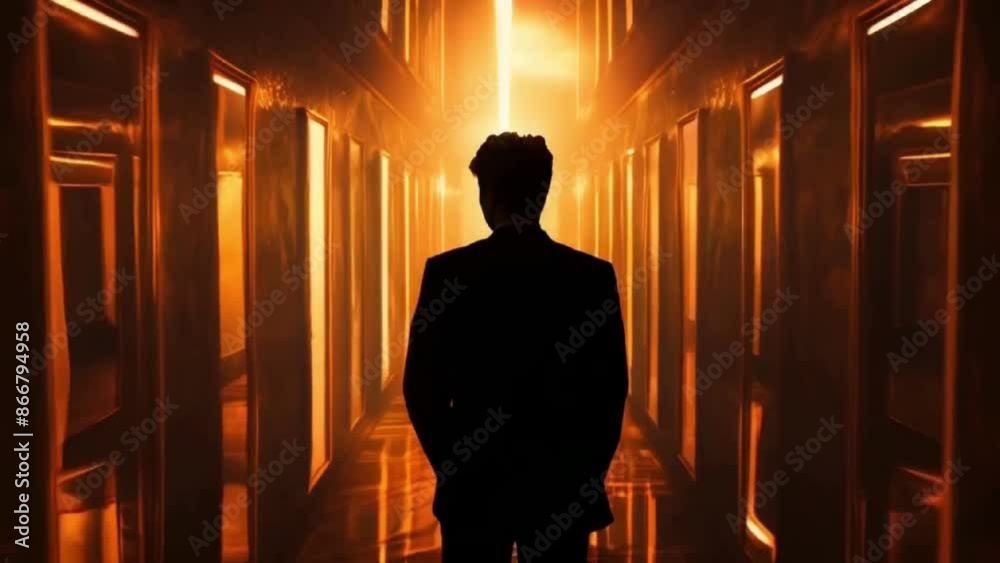 A man standing in a dimly lit hallway with multiple mirrors reflecting his image infinitely loop, giving a surreal and unsettling feeling of déjà vu