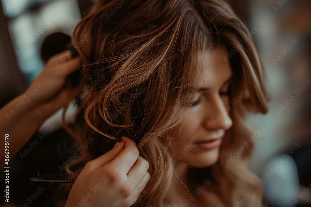 A hairstylist working on a woman's wavy blonde hair in a salon, creating an elegant look. A hairstylist working on a woman's wavy blonde hair in a salon, creating an elegant look.