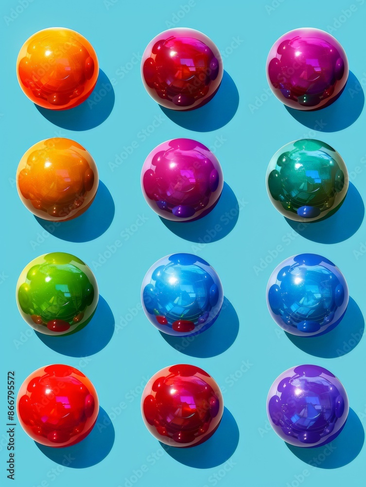 A collection of colorful shiny spheres neatly arranged on a blue background A collection of colorful shiny spheres neatly arranged on a blue background
