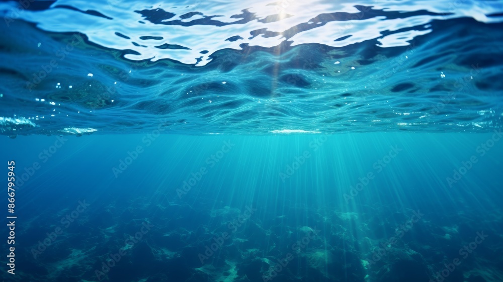 Summer sunlight illuminating blue ocean surface and depths with clear waters and waves Summer sunlight illuminating blue ocean surface and depths with clear waters and waves