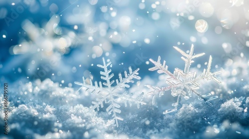 Snowflakes on snowy surface with bokeh lights, winter and holiday season concept