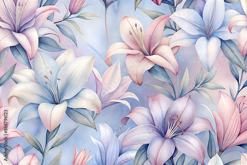 Watercolor painting of delicate white and purple lilies