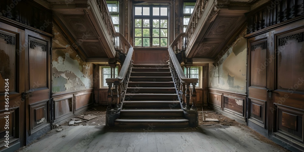 Fototapeta premium Interior of deserted manor house. Concept Abandoned Architecture, Spooky Interiors, Haunting Atmosphere, Eerie Abandonment