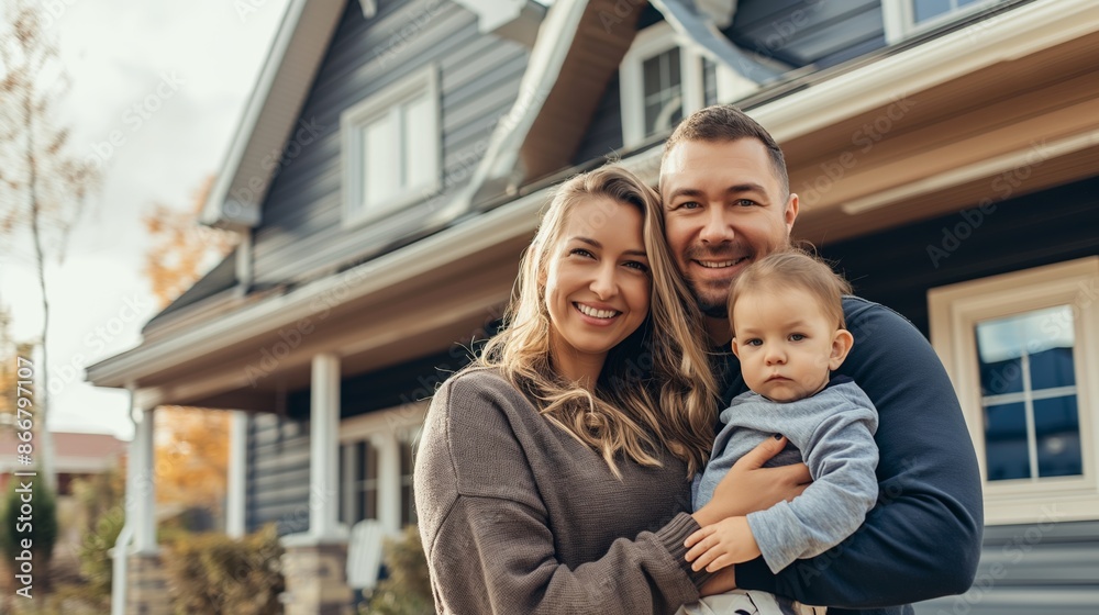A happy family stands in front of their home on a beautiful autumn day, smiling and embracing. A happy family stands in front of their home on a beautiful autumn day, smiling and embracing.
