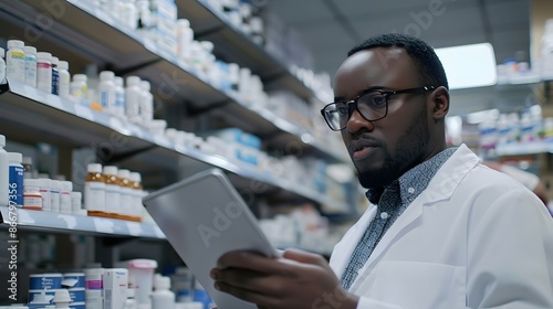 Black man, a pharmacist checking the availability of medicines on a touchpad