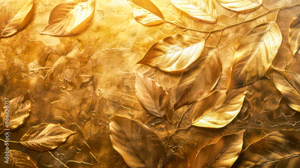 Gold leaves on a gold background with space for text. Background with a golden leaf motif.