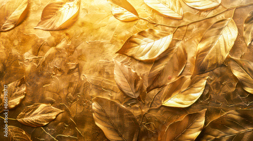 Gold leaves on a gold background with space for text. Background with a golden leaf motif. © Malgorzata