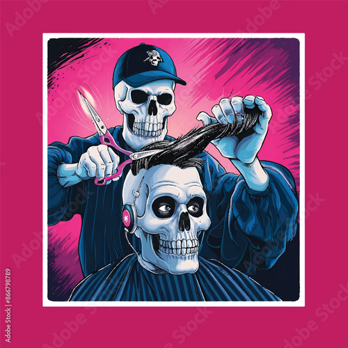 A vector illustration featuring a white skull barber wearing a Baseball cap