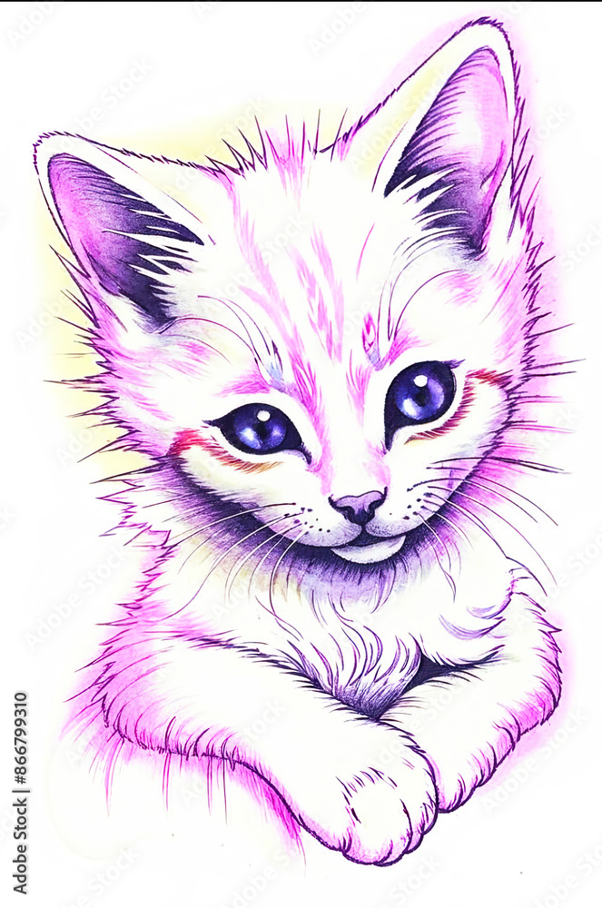 Fototapeta premium Cute white kitten portrait pink outline painting