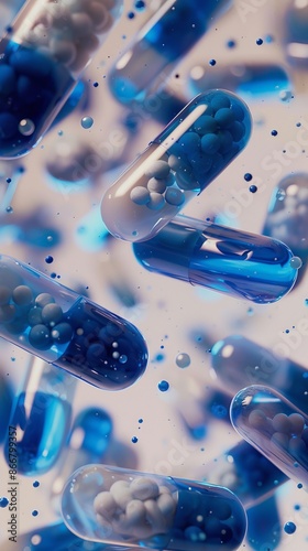 Floating blue capsules with white pellets on a soft focus backdrop