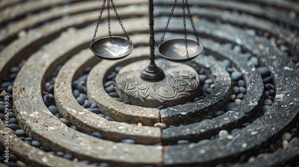 An image of a set of scales on a stone pedestal. The scales are made of metal and have two pans that are suspended from chains. An image of a set of scales on a stone pedestal. The scales are made of metal and have two pans that are suspended from chains.