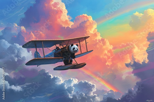 Panda Pilot in a Biplane: Whimsical Aviation Art in Colorful Skies