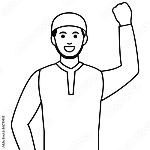 a young Muslim man who shows the camera a victory gesture with his hand, impressed with success