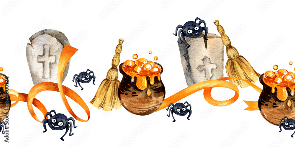 Fototapeta premium watercolor seamless border of Halloween theme with cartoon a pot of potion, spiders, orange ribbons, stone tombstone cemetery, broom, hand drawn illustration on white background, for party decoration