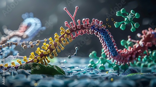 Educational diagram explaining the role of ribosomes in protein synthesis showing the binding sites for mRNA and tRNA with visual representations of ribosomal subunits and amino acid chains photo