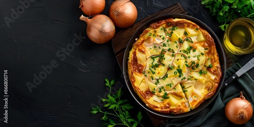 Spanish tortilla with potatoes and onions on rustic background topdown view. Concept Rustic Background, Spanish Tortilla, Top-Down View, Potatoes, Onions