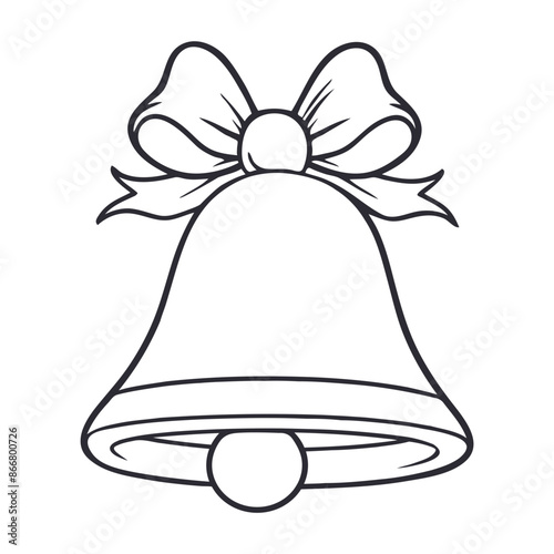 A black and white outline drawing of a Christmas bell with a bow