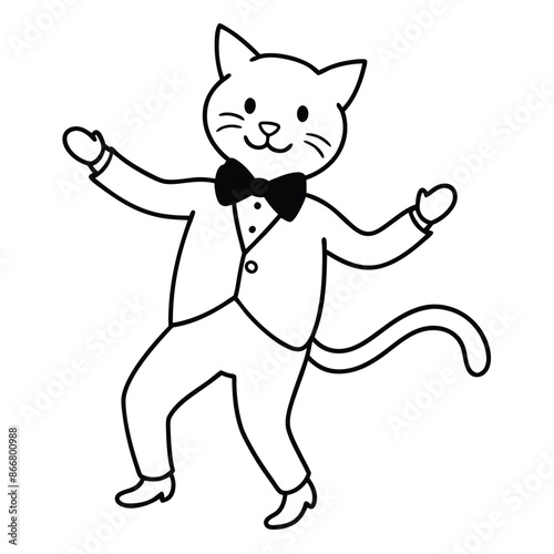 joyfully dancing cat dressed in a dapper suit and bow tie