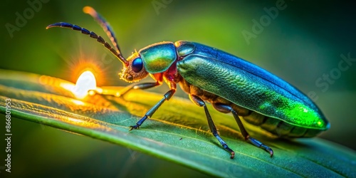 Vibrant firefly's glowing abdomen shines bright with soft blue-green bioluminescence, illuminating surrounding lush green foliage on a warm summer evening. photo