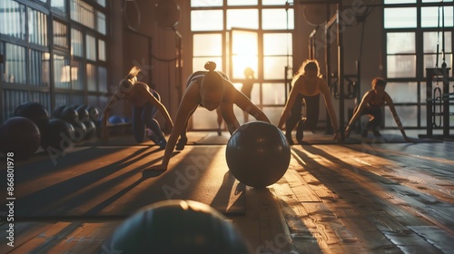 A group of women in a fitness class are doing a core workout with exercise balls. They are all wearing sportswear and are working hard.