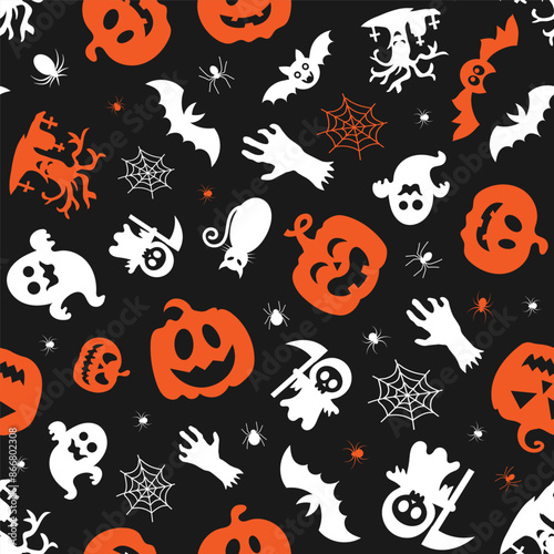 Halloween orange festive seamless pattern. Endless background with pumpkins, bats, spiders, ghosts, bones, candies and spider web