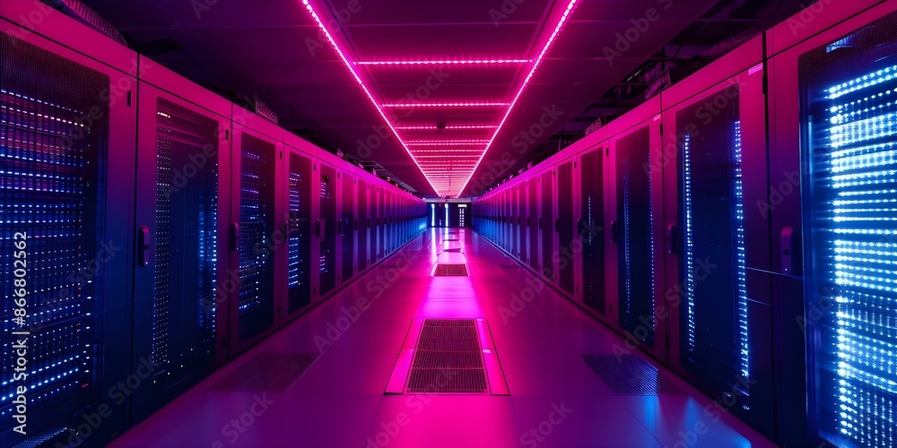 Fototapeta premium Boreas north wind caused giant supercomputer processors to overheat. Concept Cybersecurity, Climate Change, Technology, Boreas Mythology, Overheating Servers