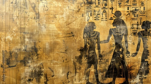 A piece of ancient Egyptian art displaying hieroglyphics and figures of deities on a weathered surface, representing the rich cultural heritage and mythology of Egypt. © Oskar