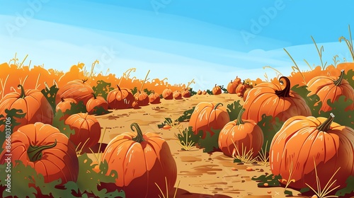 This is a beautiful image of a pumpkin field. The pumpkins are ripe and ready to be picked. The sun is shining brightly, and the sky is a clear blue. photo