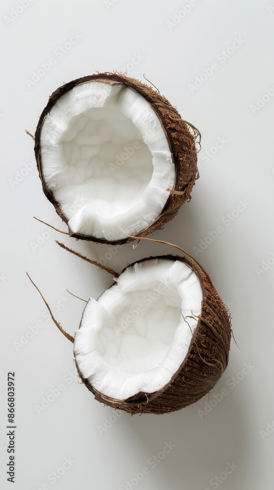 Halved coconut shells on white background, minimalistic still life. Tropical fruit concept Halved coconut shells on white background, minimalistic still life. Tropical fruit concept